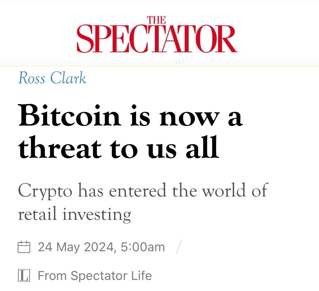 NEW: 🇬🇧 #Bitcoin is 'a threat to us all' says UK 'conservative' magazine, The Spectator Cry harder... 😅