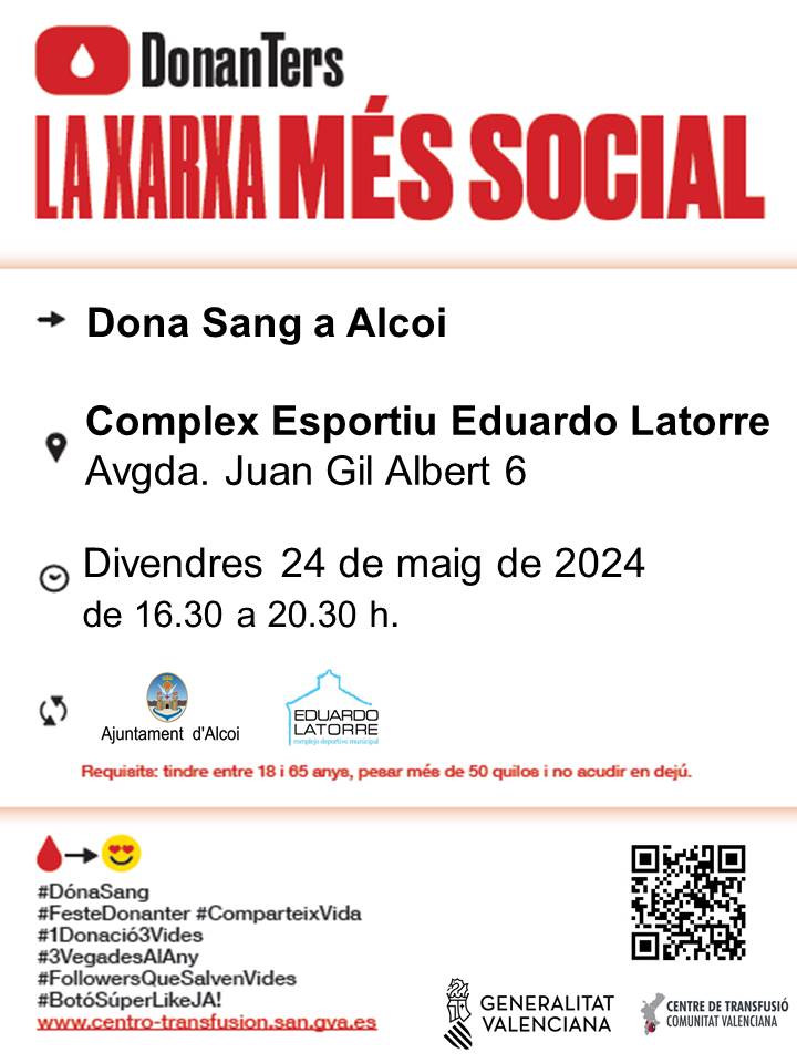 Dona sang en #Alcoi 📅Divendres #24maig Per a tractaments oncològics, intervencions quirúrgiques, trasplantaments 👉la sang no la podem fabricar, la teua col·laboració és necessària. #DonaSang #1Donació3Vides❤️