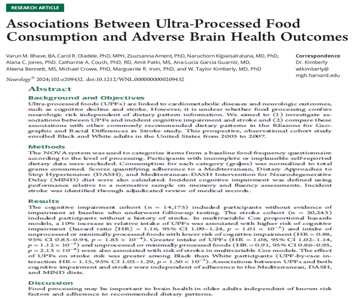 Another well-conducted study confirms, in various ways, that reducing UPF intake is necessary to lower the risk of ill health, even when following Mediterranean, DASH, or MIND diets. This time, the focus is on brain health (stroke/cognitive impairment).
neurology.org/doi/10.1212/WN…