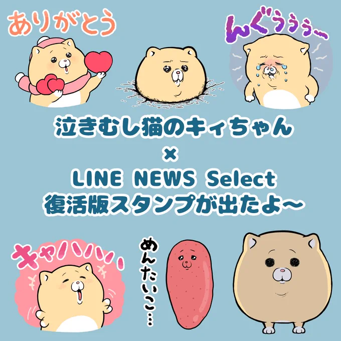 LINE NEWSとのコラボで無料配布された「泣きむし猫のキィちゃん×LINE NEWS Select」に新規スタンプを追加して再リリースしました。よろしくおねがいします 