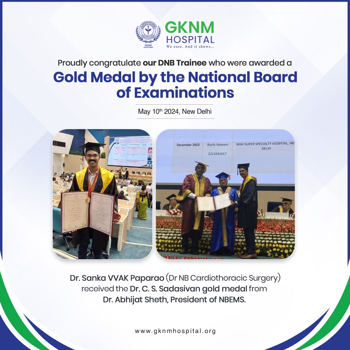 We share with great pride that two of our #DNBTrainees have been awarded gold medals by the National Board of Examinations, #NewDelhi for the final examination held in April 2023. #DNBTrainees #DNB #GoldMedals #NationalBoardofExamination #Recognition #GKNM #GKNMH #GKNMhospital