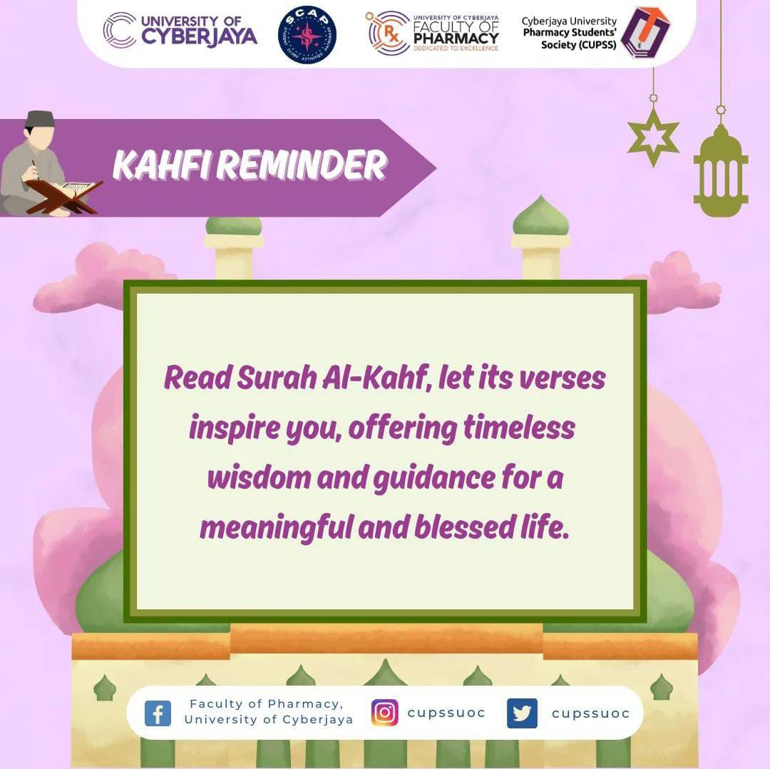 [KAHFI REMINDER] Greetings Pharmily! Happy Eid al-Fitr everyone and don’t forget to take time to recite Surah al-Kahf on this Barakah Friday. 🕌 Best Regards, CUPSS Bureau of Spirituality and Welfare 23/24