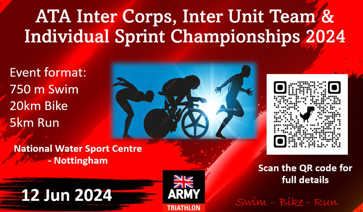 📢12 June 2024 - ATA Sprint Triathlon Championship 2024
Just over 2 weeks away is the 2024 Inter Corps, Inter Unit &amp; Individual Sprint Triathlon Championship . Full details can be found on Defence connect, including the entry link:
jive.defencegateway.mod.uk/events/168650