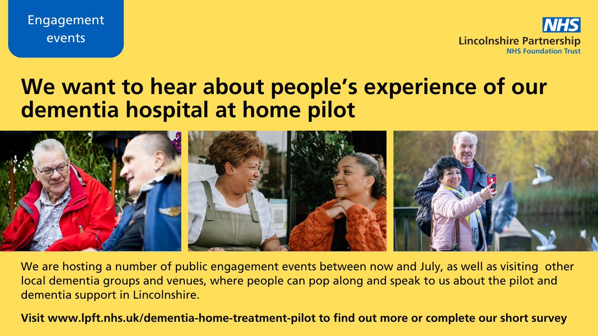 Come join us in Grantham next week to find out more about our dementia hospital at home pilot and tell us what you think.

We'll be at Jubilee Life Church in the town from 10am on Tuesday 28 May.  

You can also fill out our survey or find out more at lpft.nhs.uk/dementia-treat…