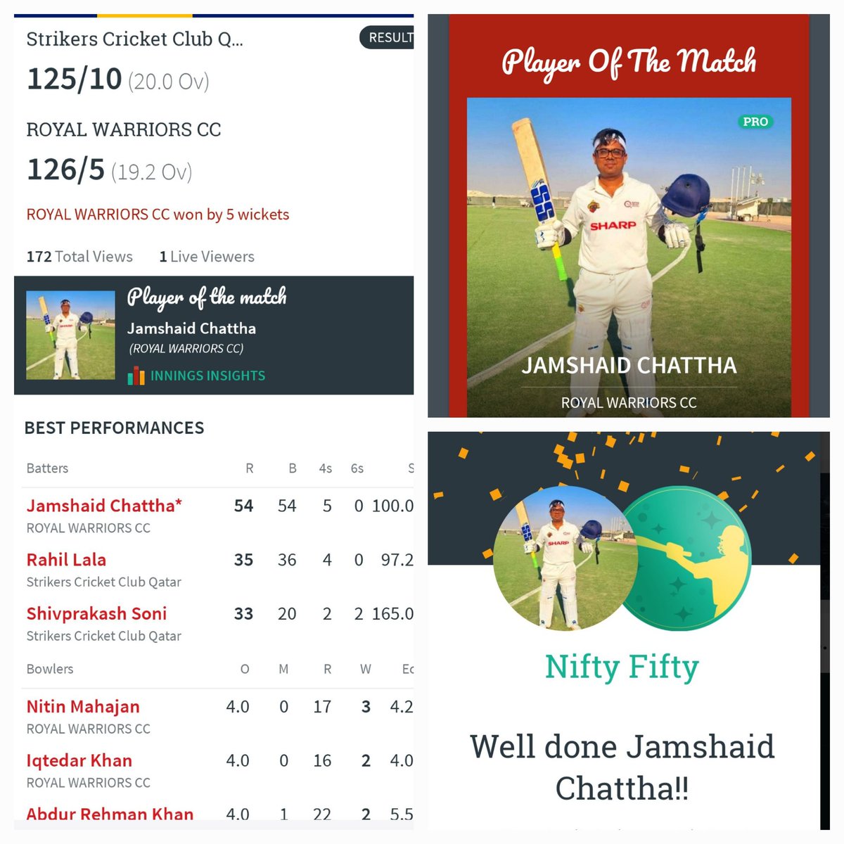 Jachattha's tweet photo. 1-0 up. It was a Low scoring game in this hot summer, but it earned me another player of the match. Thanks to team support. Play what you love & passionate about. Fantastic weekend of #Cricket 🏏in hot summer. ♥️👇. #RoyalWarriors #Cricket #Doha #Qatar #Chattha #QCA #Perseverance #cricket #MarkhorFighters #TGCC