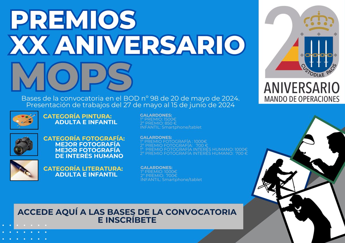 ¡ ¡El Mando de Operaciones # MOPS convoca los Premios XX Aniversario🎖️🏆!! El objetivo de este concurso de carácter artístico y literario es fomentar y difundir las actividades que realiza este órgano conjunto de la Defensa 💪🏻⚔️ española 🇪🇸. El plazo para la presentación de