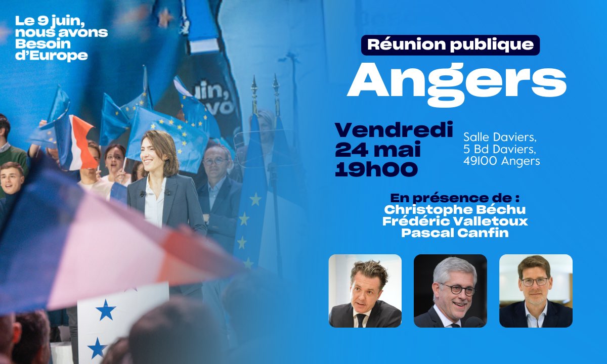 Ce soir, à Angers, j’aurai le bonheur d’accueillir @fredvalletoux et @pcanfin pour soutenir notre candidate @ValerieHayer et sa liste @BesoindEurope aux élections européennes. Nous avons hâte de vous y retrouver. Pour vous inscrire ➡️ inscription.besoindeurope.fr/angers-24-mai