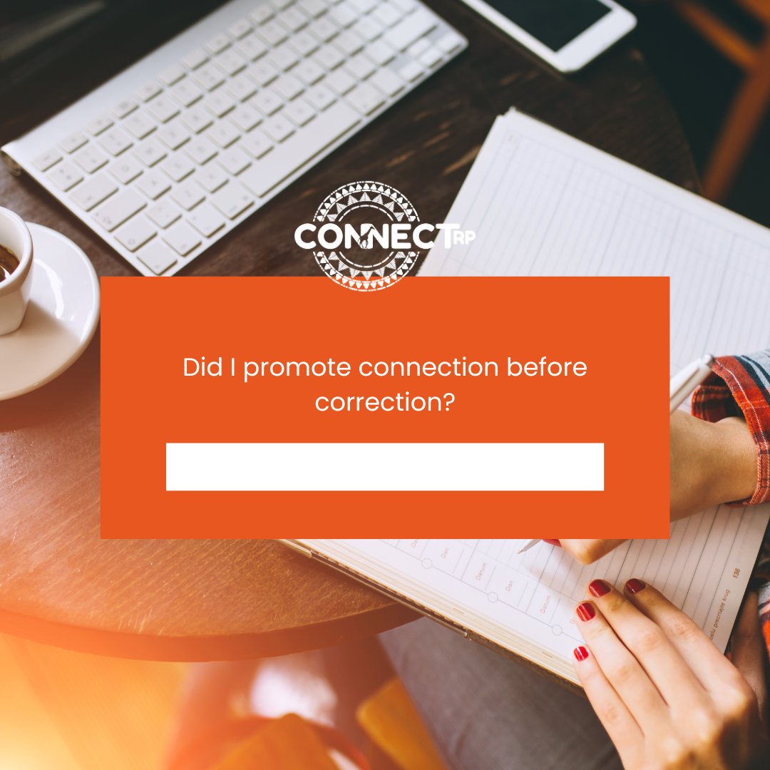 connect_rp's tweet image. In Restorative Practice, fostering connection precedes correction to nurture understanding and an opening for empathy. Consider if you have prioritised building relationships and understanding before seeking to correct behaviours?

#reflectiontime