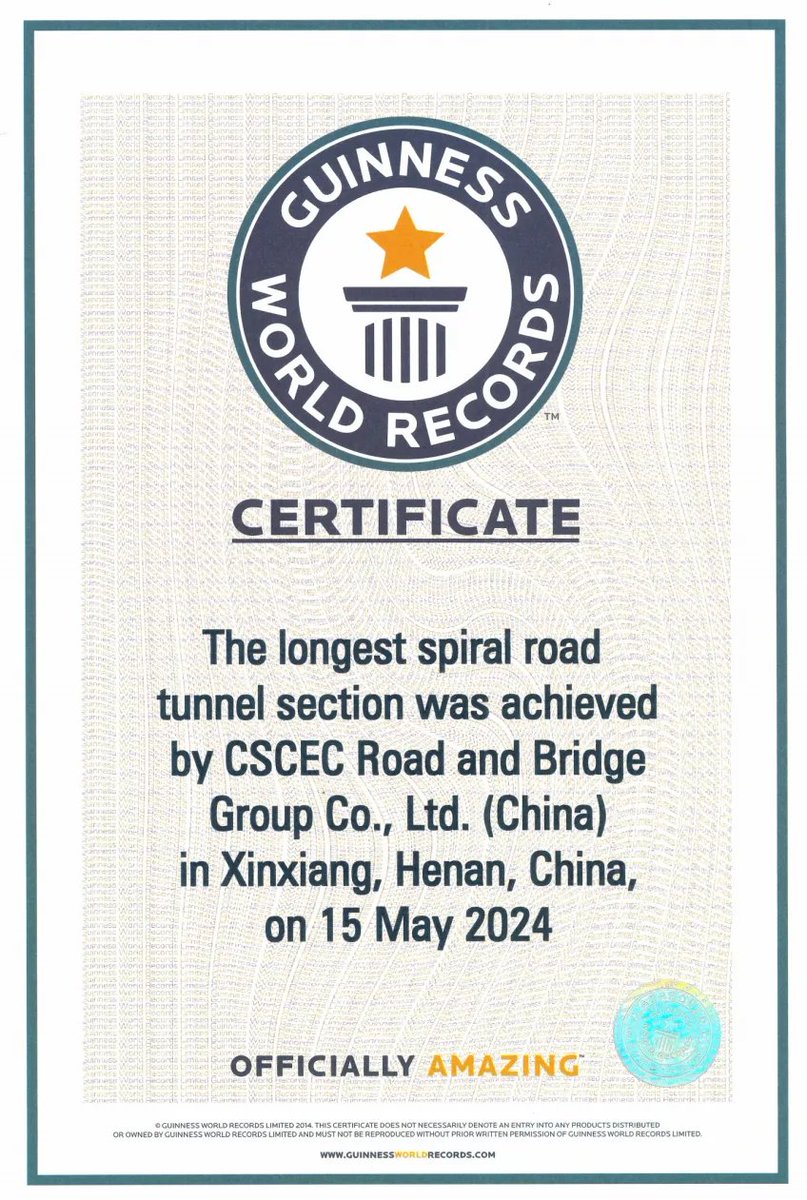 Recently, the Hankou Tunnel locating on the Xinxiang-Jincheng Expressway, constructed by CSCEC, was certified by Guinness World Records as the world's longest spiral tunnel, with a total length of 4,457 meters. @GWR 

en.cscec.com/CompanyNews/Co…