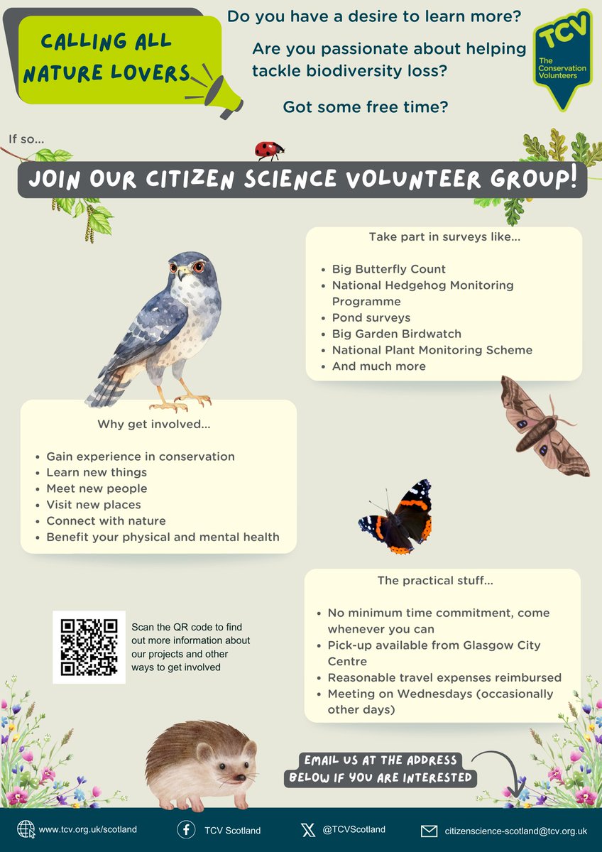 Join our new Citizen Science Volunteer Group! We will be meeting regularly to carry out surveys, giving you a chance to learn something new, boost your CV, meet new people and connect with nature. If you're interested please get in touch at citizenscience-scotland@tcv.org.uk 🌻