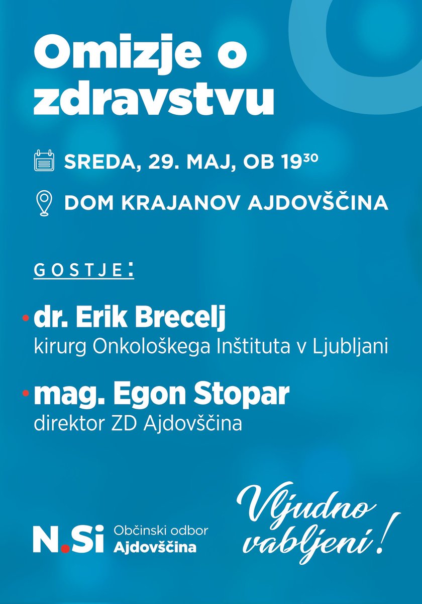 Vabljeni na okroglo mizo Občinskega odbora @NovaSlovenija Ajdovščina o aktualnih razmerah v zdravstvu na Vipavskem in v Sloveniji. Gosta bosta dva Ajdovca: - dr. Erik Brecelj - mag. Egon Stopar