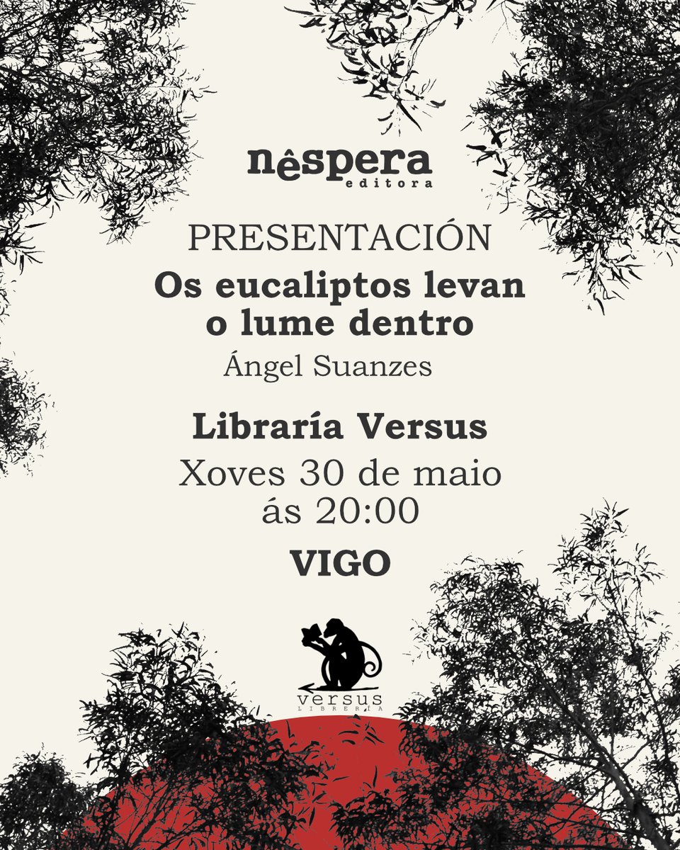Os eucaliptos levan o lume dentro e o seu autor Ángel Suanzes, chegarán a Vigo o vindeiro xoves, 30 de maio, da man de Montse Montaos.
Poesía, lume, e conversa na Libraría Versus ás 20:00h.
<a href="/angelsuanzes/">Ángel Suanzes</a> <a href="/montsemontaos/">Montse Montaos</a>