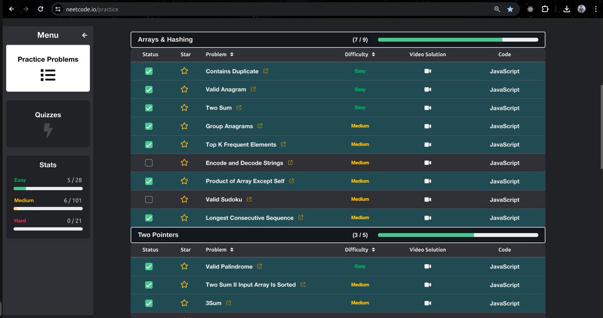 thedevangvishnu's tweet image. DSA Progress 🙇‍♂️

- Basic concepts of BigO, array and objects ✅
- Search and Sort algorithms ✅
- Solved easy, medium questions on Array-Hashing and Two Pointers from Neetcode 150 ✅

Any tips to ace my DSA learning and preparation? 

#dsa2024 #leetcode #webdev