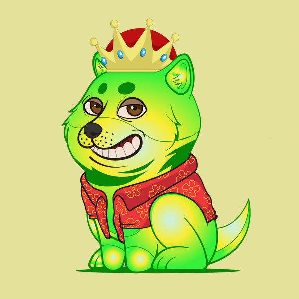 A baby doge NFT with a yellow background, glow fur, and surfer clothing has an angelic mouth and ninja eyes. It wears a king crown headwear. This pup is a surfing champion who rules over the waves with its ninja skills and angelic charm.