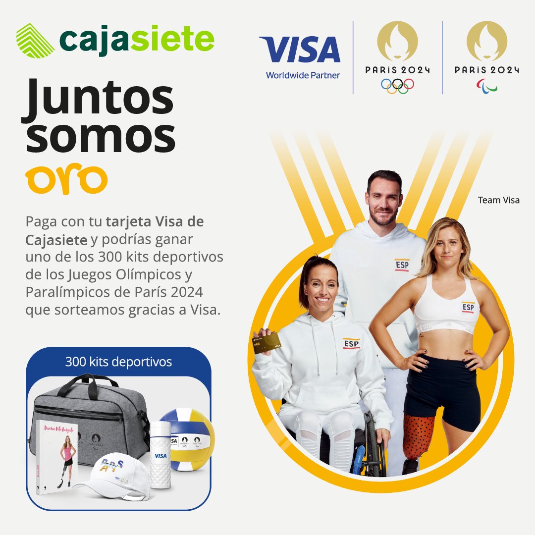 ¿Aún no te has enterado? 😱 Al pagar con tu Tarjeta Visa de #Cajasiete puedes entrar en el sorteo de uno de los 300 kits deportivos de los Juegos Olímpicos y Paraolímpicos de París 2024 que sorteamos. ¡Juntos somos ORO! 🥇 Más info ➡️ bit.ly/condicionesJJO…