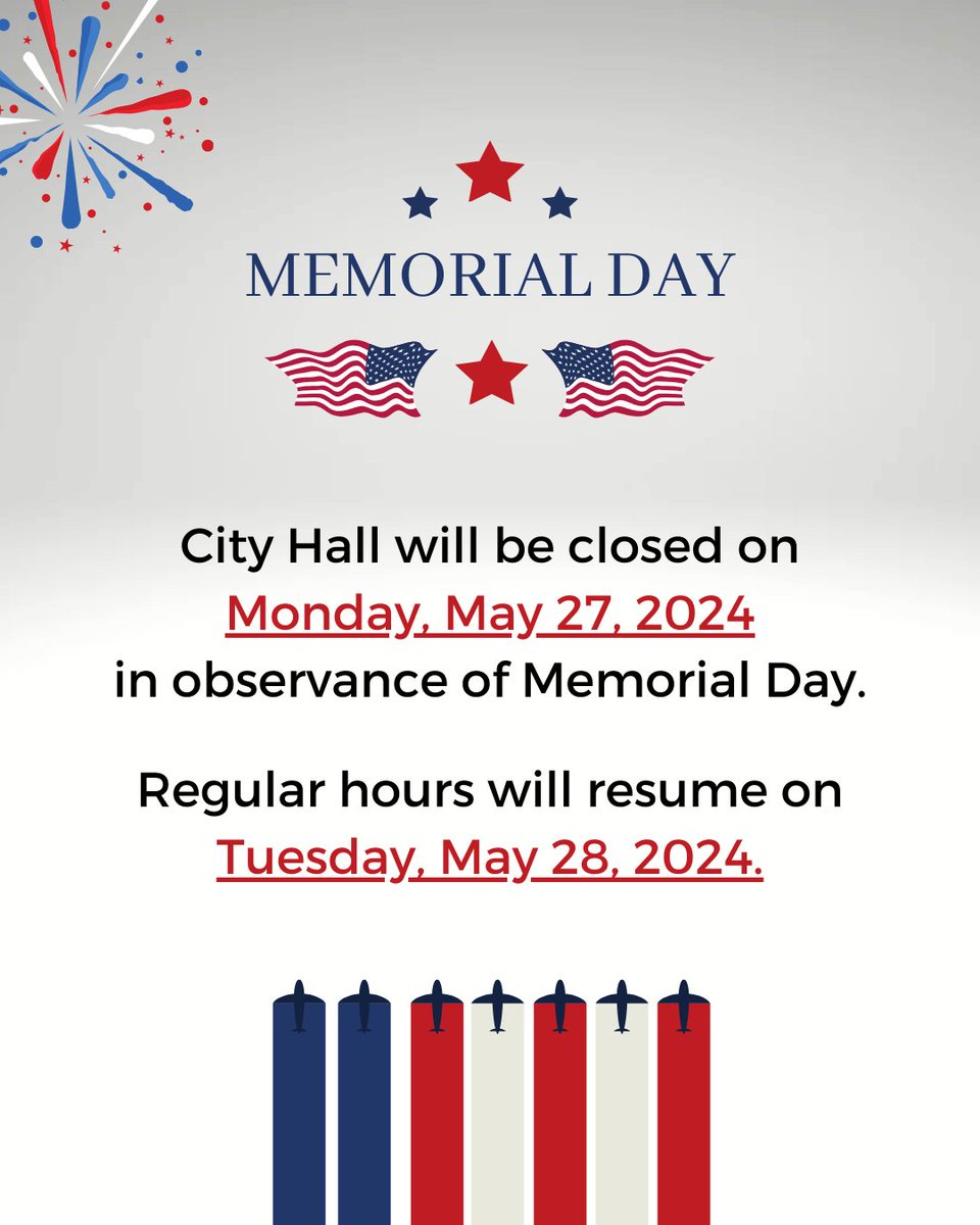 City Hall will be closed on Monday, May 27, 2024, in observance of Memorial Day. Regular hours will resume on Tuesday, May 28, 2024. #HeadWest #WeCoSC