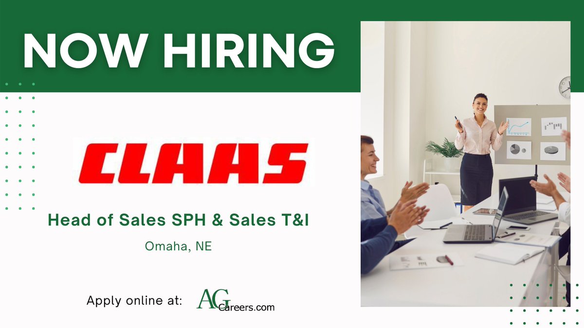 .@CLAAS_America is #Hiring a Head of Sales! 

This role will promote our products and evaluate product positioning with competitors and market situations.

Apply TODAY on #AgCareers: ow.ly/B7AM50RSKuQ