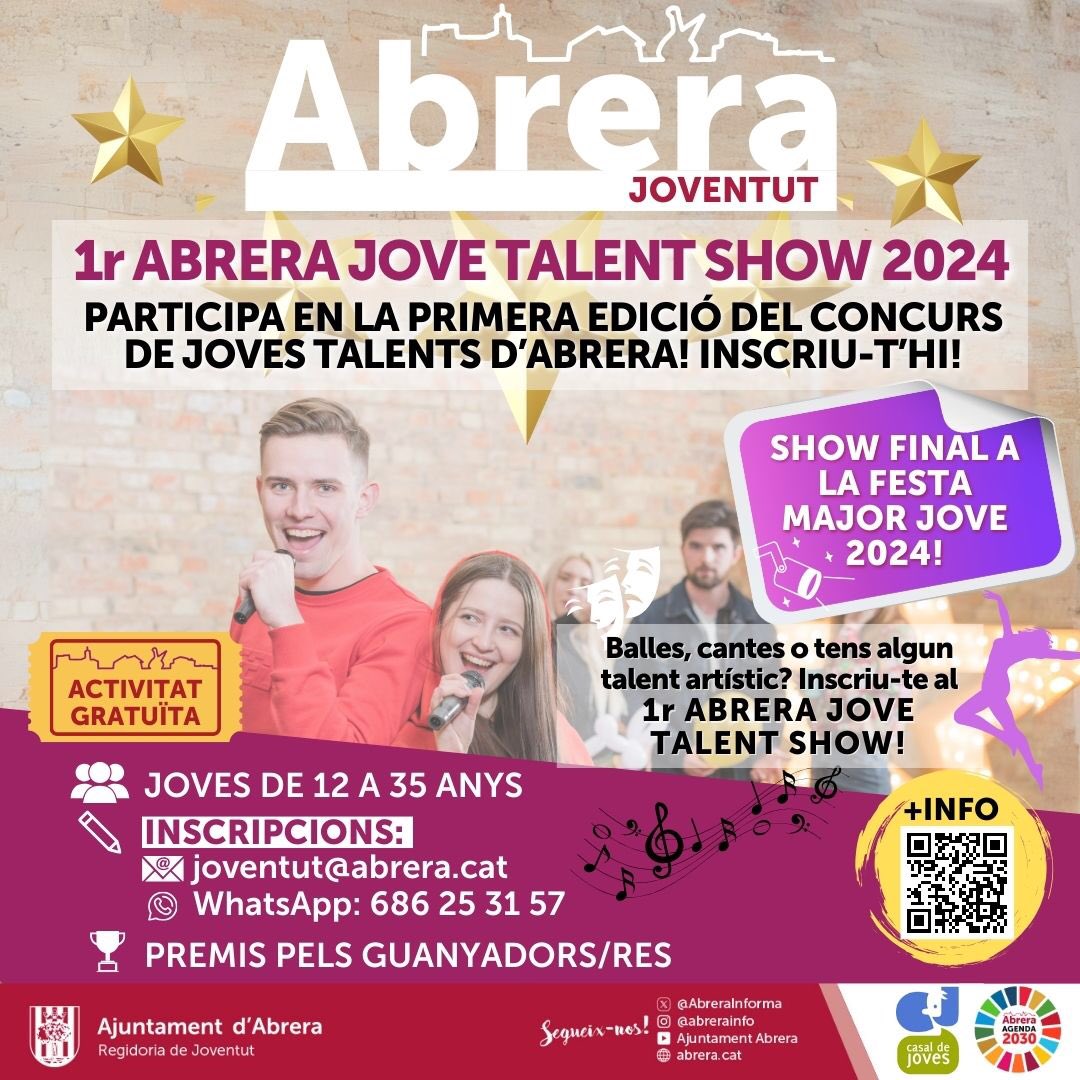joventutcat's tweet image. Activitat | Talent Show Jove
📅 Inscripcions obertes fins el dia 29 de juny
📍 Abrera (Barcelona)
#cantar #ballar #festamajor @AbreraInforma
👉 jovecat.gencat.cat/ca/actualitat/…