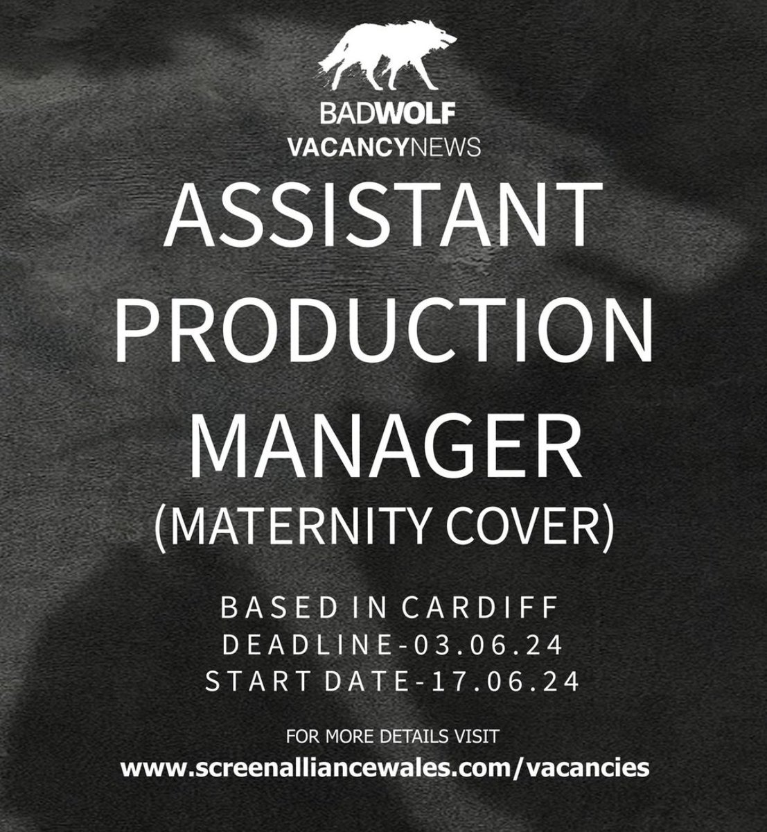 ScreenAllianceW's tweet photo. The @BadWolf_TV  team are seeking an Assistant Production Manager (Maternity Cover) to join Bad Wolf HQ!
Head over to https://t.co/MIV1fd790j to find out more! https://t.co/h5F25GKptd