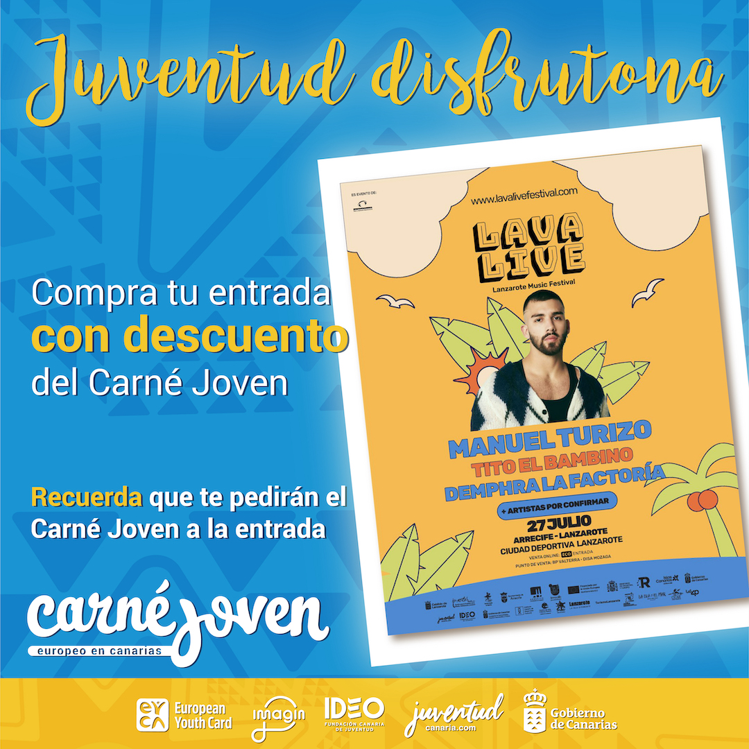 ¿Estabas pensando ir al Lava Fest en Lanzarote que tiene un cartelón? El #carnéjovencanarias te lo pone más fácil con un descuento especial para personas usuarias del Carné Compra tu entrada con descuento aquí: beta.ecoentradas.com/shows/165/tick… Te pedirán el Carné a la entrada