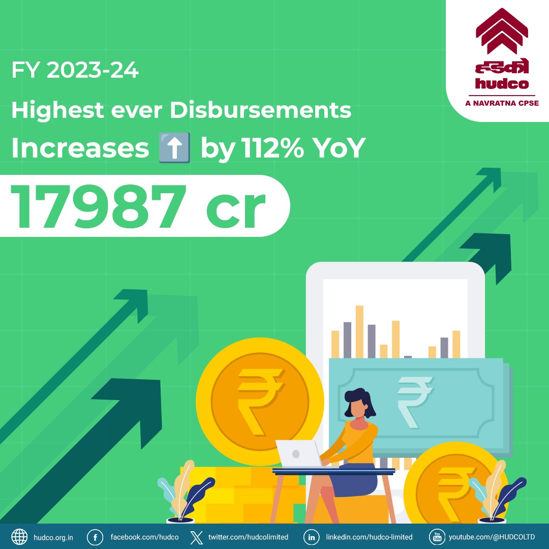 HUDCO achieved a new milestone with its highest-ever disbursements of ₹17,987 crore in FY24 #HUDCO #FinancialResults #FY24