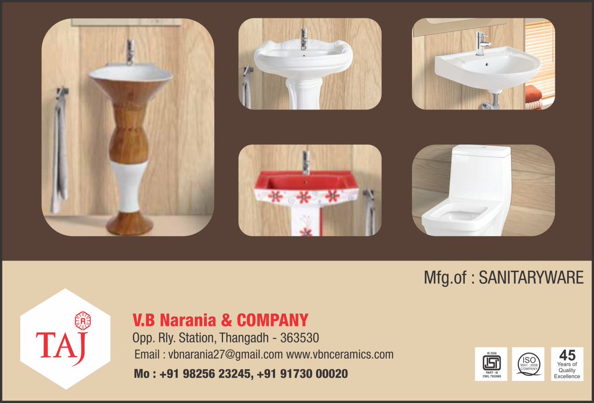 V.B. Narania & Company, Sanitarywares brand in India, Ceramic India ceramicindia.com/company-detail… #sanitarywares #brand #india #ceramic #bathware #bathroom #vanity #cabinet #tabletop #fittings #interior #decor #onepiece #washbasin #thangadh #morbi #gujarat #manufacturers