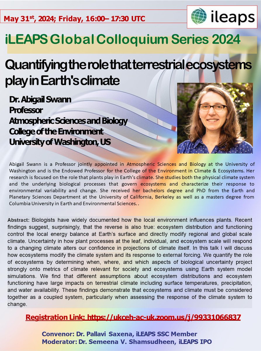 Welcoming our speaker of this month Dr.Abigail Swann.  Join us for an insightful session on 31 May. Don’t miss this opportunity to hear from an expert!
@pallavienviron1 @FutureEarth @SAMEECSN_iLEAPS @iLEAPS_ECSN @IleapsA  @Sachin_Ghude @Saurabh_atmos 
ukceh-ac-uk.zoom.us/j/99331066837