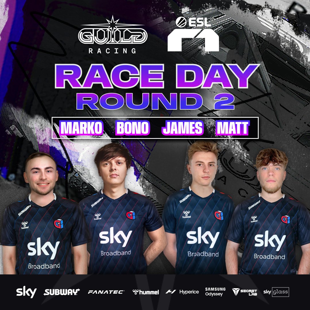 IT'S RACE DAY! 🏁 Round 2 of @esl_r1 will see #GuildRacing take on Orchard Road 🔥 Starts 16:00 BST / 17:00 CET 👀 Let's do this! 🇬🇧@JaaamesBaldwin 🇳🇱@bonohuis 🇩🇪@markopejic14 🇬🇧 @matt_emery Join us: twitch.tv/eslr1 #GILD #EWC #ESLR1