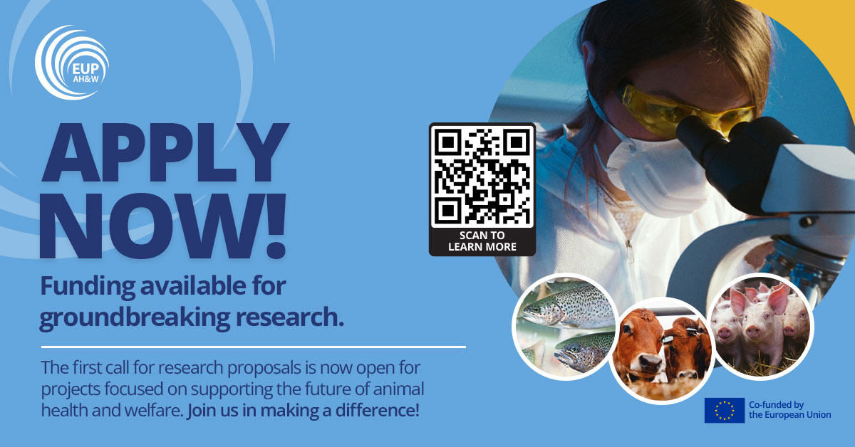EU Partnership on Animal Health & Welfare (@eupahw) on Twitter photo Calling all innovators! <a href="/EUPAHW/">EU Partnership on Animal Health & Welfare</a> is funding research projects that will shape the future of animal health and welfare. If you have a groundbreaking idea, now is the time to apply. Learn more at eupahw.ptj.de/call1 #EUPAHW #Innovation #ResearchCall #AnimalWelfare Calling all innovators! <a href="/EUPAHW/">EU Partnership on Animal Health & Welfare</a> is funding research projects that will shape the future of animal health and welfare. If you have a groundbreaking idea, now is the time to apply. Learn more at eupahw.ptj.de/call1 #EUPAHW #Innovation #ResearchCall #AnimalWelfare