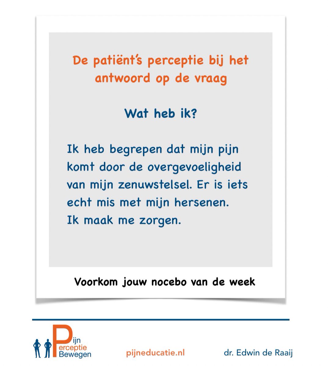 𝗩𝗼𝗼𝗿𝗸𝗼𝗺 𝗷𝗼𝘂𝘄 𝗻𝗼𝗰𝗲𝗯𝗼 𝘃𝗮𝗻 𝗱𝗲 𝘄𝗲𝗲𝗸

Soms schrik je; wat ik nu terug hoor van de patiënt is niet wat ik bedoelde met mijn uitleg.  

Luister naar de informatie van patiënten over hoe je uitleg is overgekomen en wat het voor ze betekent. Vraag ernaar❗️