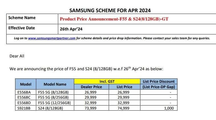 Samsung Galaxy F55 price. 8GB+128GB 💰 ₹26,999 8GB+256GB 💰 ₹29,999 12GB+256GB 💰 ₹32,999 Specifications 📱 6.7' FHD+ AMOLED display 120Hz refresh rate, 1000nits peak brightness 🔳 Qualcomm Snapdragon 7 Gen 1 🍭 Android 14 (4+5 years of update) 📸 50MP OIS+ 8MP Ultrawide+ 2MP