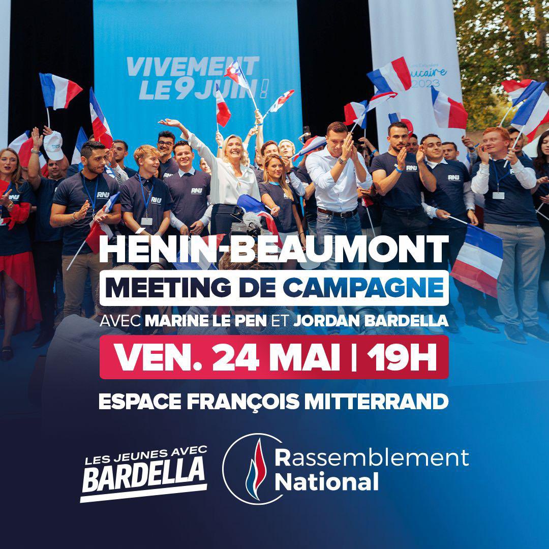Ce soir, #TousÀHeninBeaumont ! Nous vous attendons très nombreux à 19h, salle François Mitterrand, pour notre meeting avec @MLP_officiel et @J_Bardella ! On compte sur vous ! 🇫🇷 #VivementLe9Juin