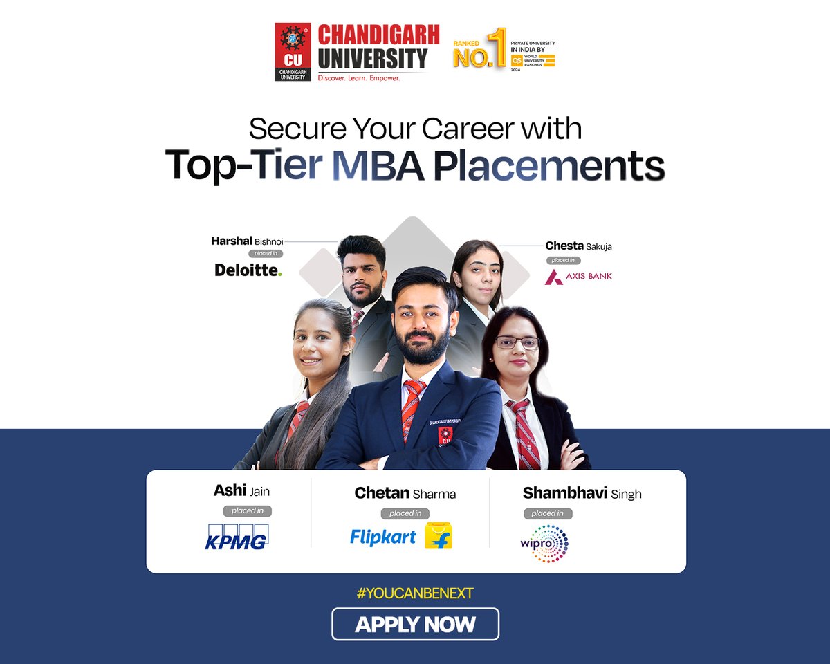 Secure Your Future with Top-Tier MBA Placements at Chandigarh University! Join the ranks of successful CU graduates and take the first step towards an illustrious career. Apply now and discover endless opportunities with our world-class MBA program. cuchd.in/placements