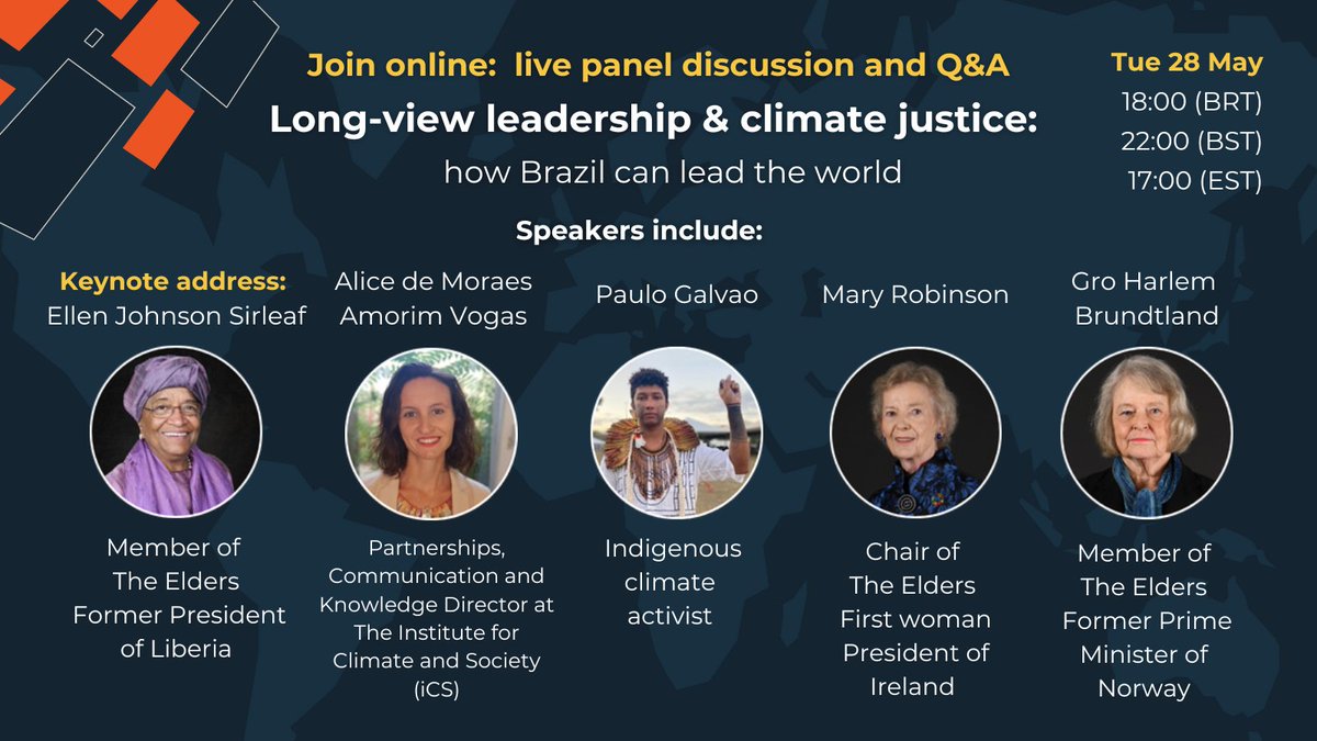 🔊 EVENT SPEAKERS ANNOUNCEMENT Long-view Leadership and climate justice: how Brazil can lead the world We're delighted to announce the line up of speakers for the live panel discussion and Q&A, on Tuesday 28 May. Join the event online via: theelders.org/news/long-view…