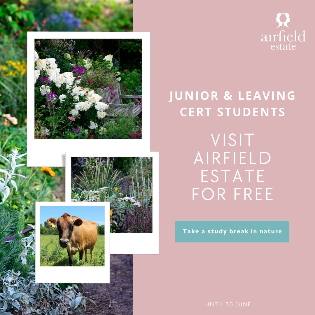 AirfieldEstate's tweet photo. 🎉 Attention Leaving and Junior Cert students! 🎉
Enjoy FREE entry to @airfieldestate until June 30th! ✨
Take some time to recharge and relax. Upon arrival, visit the ticket desk and share your exam number and school name. 📚🌸💚
#ExamSeason  #AirfieldEstate #stateexams https://t.co/d7XCiq1aGv