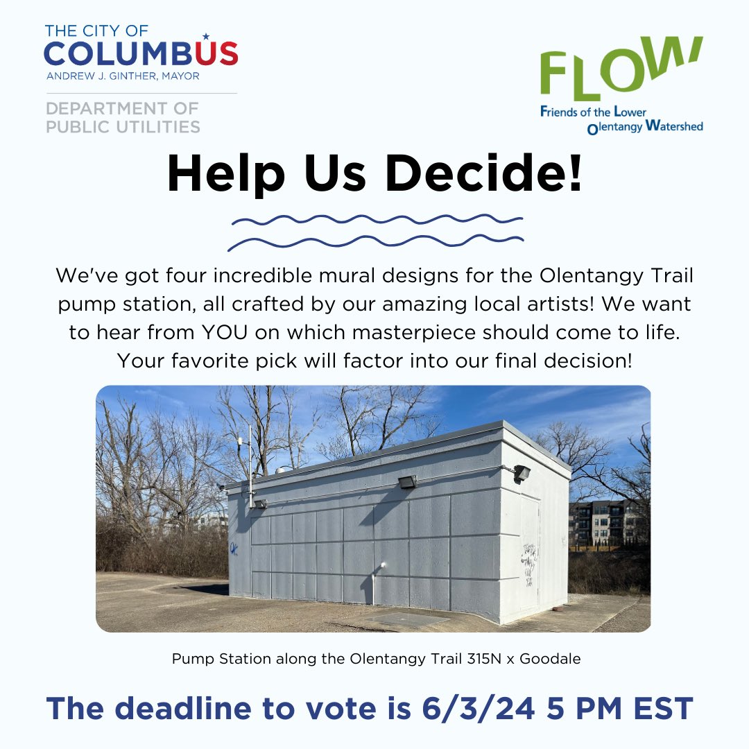 The final 4 are in!😍 Now @CDPU & @FLOWColumbus need your help choosing the final design to represent One Water at the Olentangy Trail pump station - cast your vote here! docs.google.com/forms/d/e/1FAI…