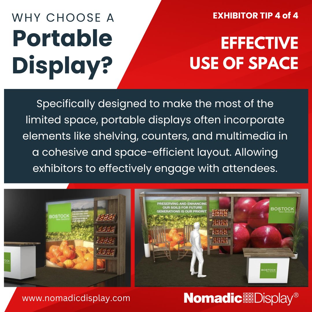 With the ability to customize designs, graphics, and layouts, portable displays are a powerful tool for enhancing brand visibility, increasing the opportunities for lead generation and customer engagement.

#NomadicDisplay #PortableDisplays #ExhibitorTips #TradeShowTips