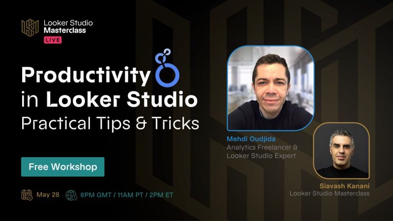 Honored to be the guest of @ahmadkanani19  - top expert &amp; top masterclass teacher - for an exclusive webinar.
I will present my productivity tips&amp;tricks on #LookerStudio. With Siavash, sharing &amp; answering to your questions. 

2 experts for you. Registr.:
linkedin.com/events/product…