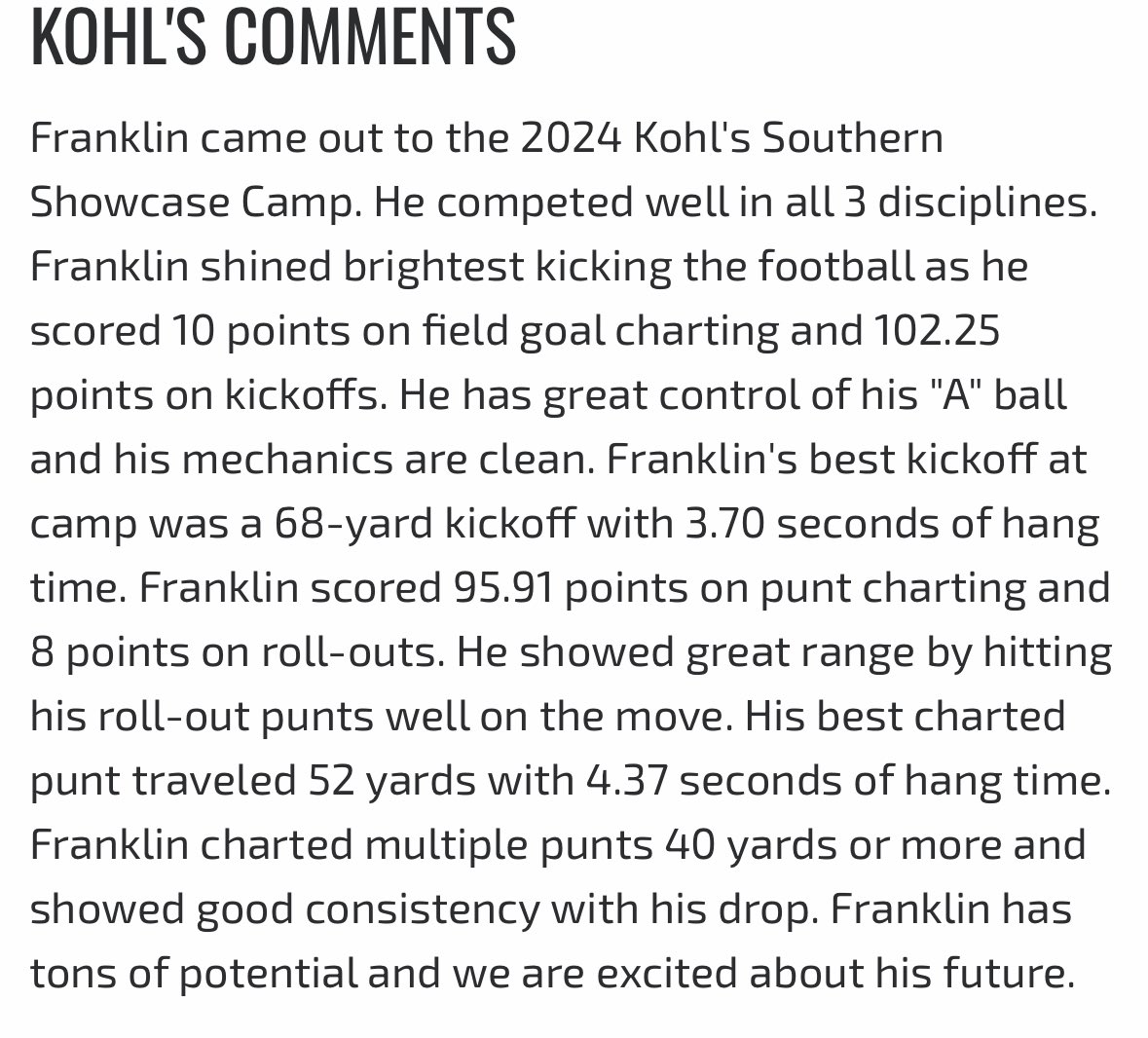 Brock Franklin (@brockfranklin07) on Twitter photo After a great time at Kohls National Showcase I am proud to be ranked as a
4.5 ⭐️kicker being number 57 in 🇺🇸 and a 4 ⭐️ punter
<a href="/CoachGiugliano/">Anthony Giugliano</a> <a href="/GregPort17/">Greg Porter</a> <a href="/josef_lorenz/">Deutscher Fussball</a> <a href="/ldhsRaiderFB/">LDHS Raider Football</a> <a href="/KohlsKicking/">Kohl's Kicking Camps</a> <a href="/Coach_Dean89/">Adams Dean</a> After a great time at Kohls National Showcase I am proud to be ranked as a
4.5 ⭐️kicker being number 57 in 🇺🇸 and a 4 ⭐️ punter
<a href="/CoachGiugliano/">Anthony Giugliano</a> <a href="/GregPort17/">Greg Porter</a> <a href="/josef_lorenz/">Deutscher Fussball</a> <a href="/ldhsRaiderFB/">LDHS Raider Football</a> <a href="/KohlsKicking/">Kohl's Kicking Camps</a> <a href="/Coach_Dean89/">Adams Dean</a>