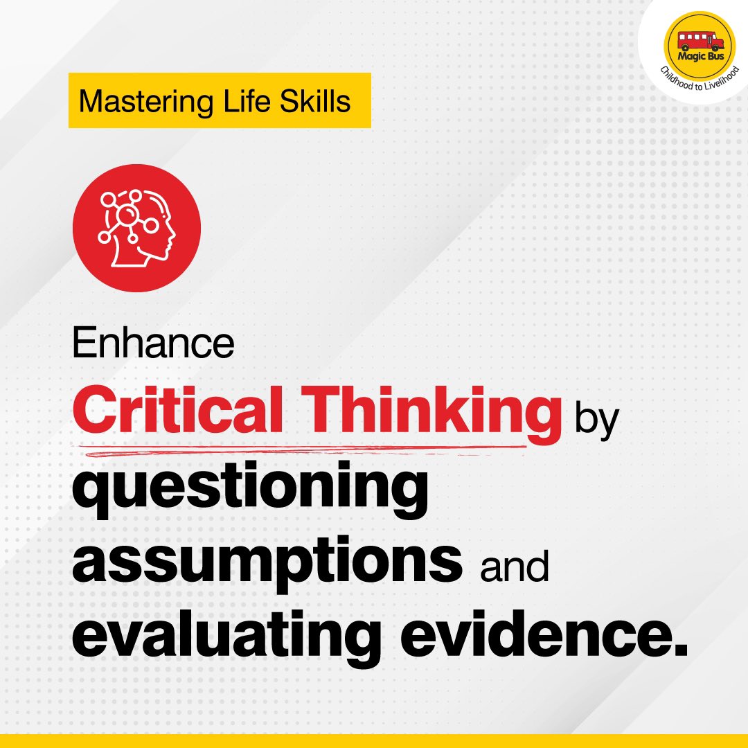 Enhance your #CriticalThinking skills to improve problem-solving and make informed decisions. Ask questions, analyse info, reflect on biases, and embrace diverse ideas. Be an independent thinker in a complex world. 

 #MagicBus #LifeSkills #tipoftheweek #CriticalThinking