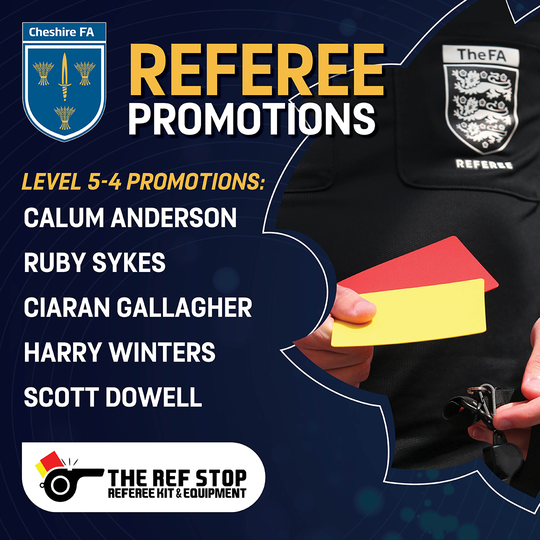 REFEREE PROMOTIONS 🎉👏

We're delighted and very proud to announce our Level 5-4 Referee Promotions!

Congratulations to Calum, Ruby, Ciaran, Harry &amp; Scott who have all achieved Level 4 status ahead of the 2024-25 Season 🙌

We wish you all the best of luck
<a href="/TheRefStop/">The Ref Stop</a> 💙