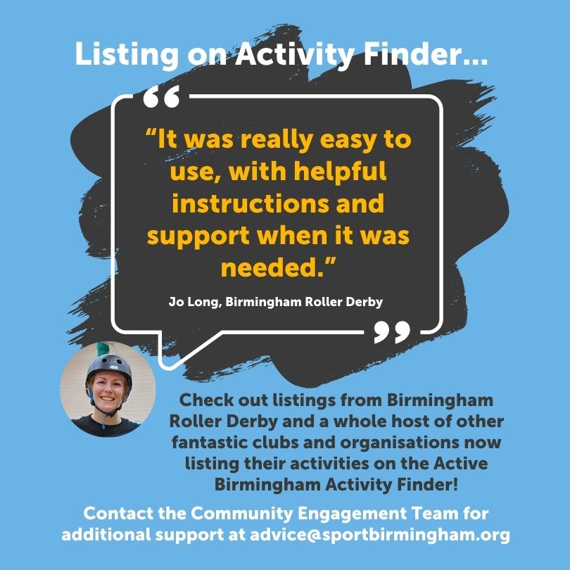 Birmingham Roller Derby is just one of the many sport and physical activity clubs and organisations now listed on the Active Birmingham Activity Finder. Get started by accessing the search tool and clicking 'add your activities'. sportbirmingham.org/get-involved/f…