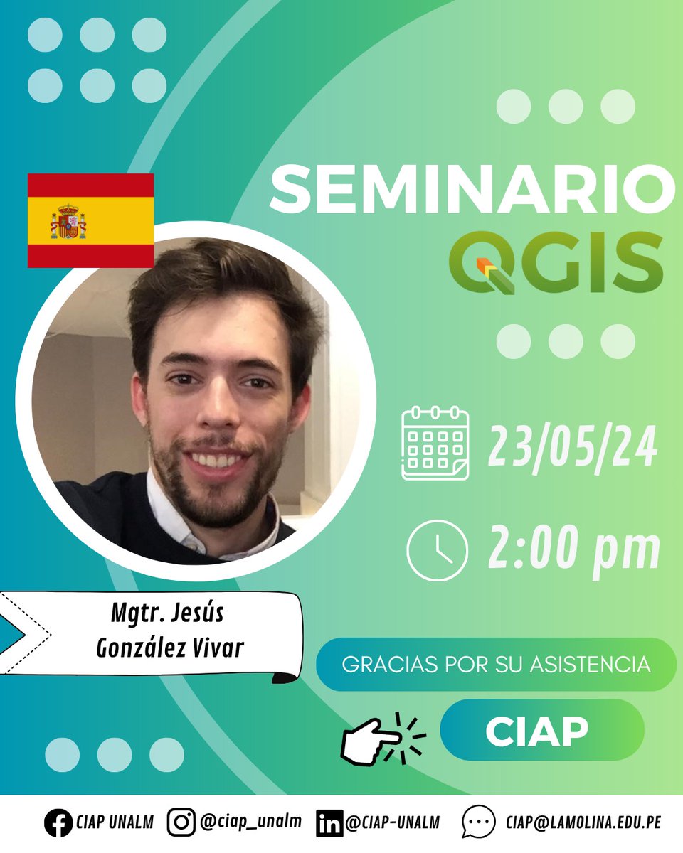 Jesús Vivar (@jasusvivar22) on Twitter photo Ayer tuve el honor de impartir mi II ponencia internacional sobre QGIS en el ámbito profesional e investigador. Hablé sobre mi tesis doctoral en <a href="/CanalUGR/">Universidad Granada</a> <a href="/gradogeo_ugr/">Grado Geografía y GT. (UGR) Oficial</a> <a href="/geo_jrc/">Jesús Rodrigo-Comino</a>
Fui invitado por la Universidad Nacional Agraria de Lima (<a href="/UNALM_online/">Universidad Nacional Agraria La Molina</a>) +30 asistentes de 🇵🇪 🇪🇸🇬🇷🇲🇽 Ayer tuve el honor de impartir mi II ponencia internacional sobre QGIS en el ámbito profesional e investigador. Hablé sobre mi tesis doctoral en <a href="/CanalUGR/">Universidad Granada</a> <a href="/gradogeo_ugr/">Grado Geografía y GT. (UGR) Oficial</a> <a href="/geo_jrc/">Jesús Rodrigo-Comino</a>
Fui invitado por la Universidad Nacional Agraria de Lima (<a href="/UNALM_online/">Universidad Nacional Agraria La Molina</a>) +30 asistentes de 🇵🇪 🇪🇸🇬🇷🇲🇽