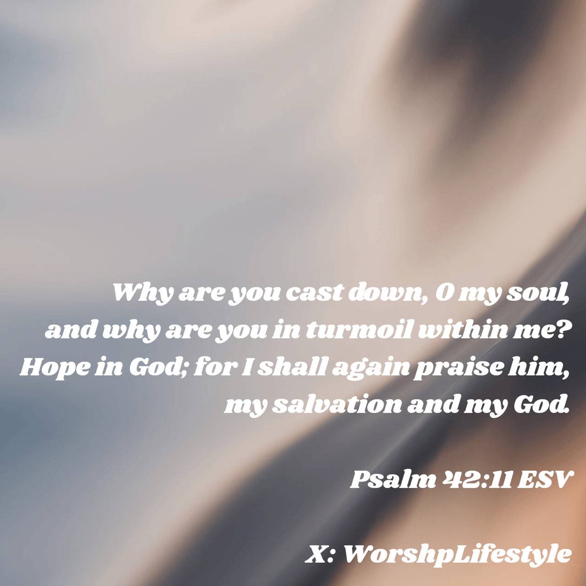 Psalm 42:11 ESV
Why are you cast down, O my soul, and why are you in turmoil within me? Hope in God; for I shall again praise him, my salvation and my God.

bible.com/bible/59/psa.4…
#VerseOfTheDay #BibleVerse #WorshpLifestyle #WorshipLifestyle