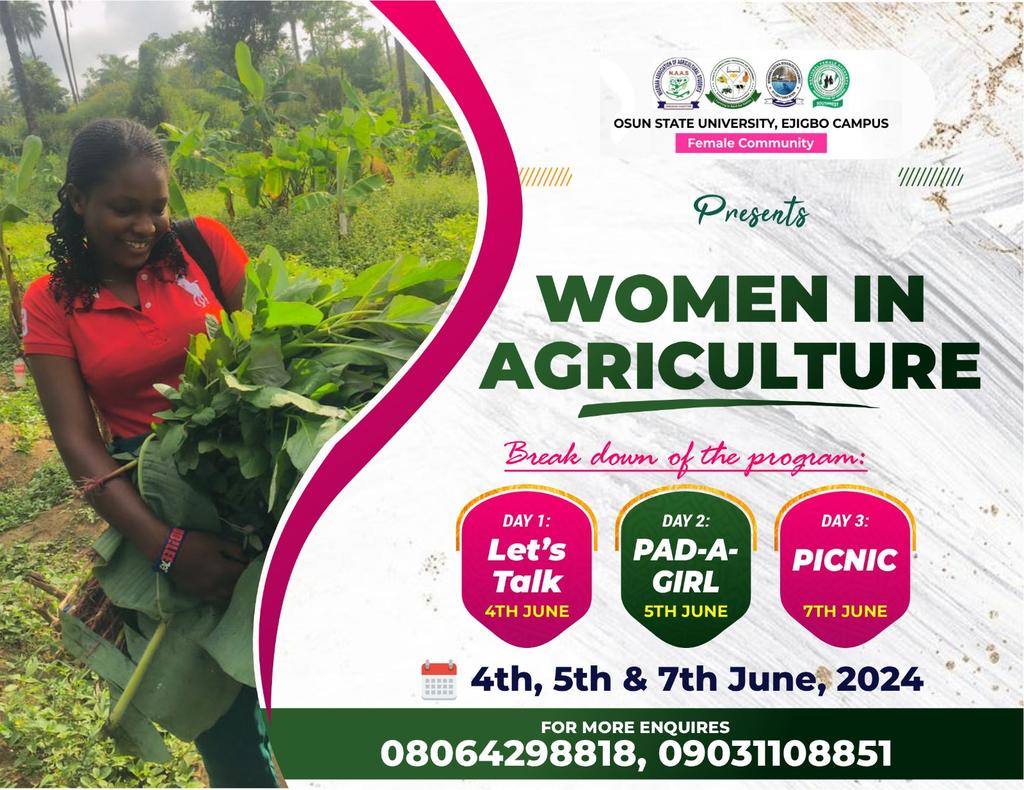 Hello Women in Agriculture 🥰🥰
This is to inform you about the female-only program  coming up on the 4th,5th,7th of June. The theme of the program is WOMEN IN AGRICULTURE 
If you're in osogbo and it's environment find your way to the venue
#Womeninagriculture
#Youngfemalefarmer