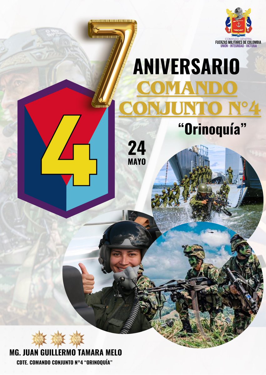 🫡🪖En su Vll #Aniversario, el Comando Conjunto N.°4 “Orinoquía”continúa liderando e integrando las capacidades de las Fuerzas Militares para proteger y servir a la población de la Orinoquía colombiana. Felicidades a todos los que hacen parte de este importante comando.