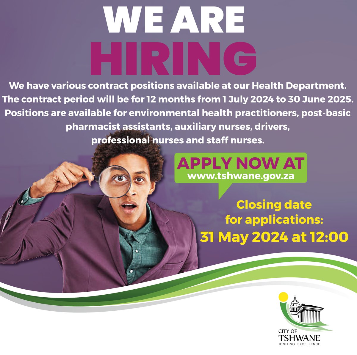 The @CityTshwane is hiring. Make use of this opportunity and apply now at tshwane.gov.za