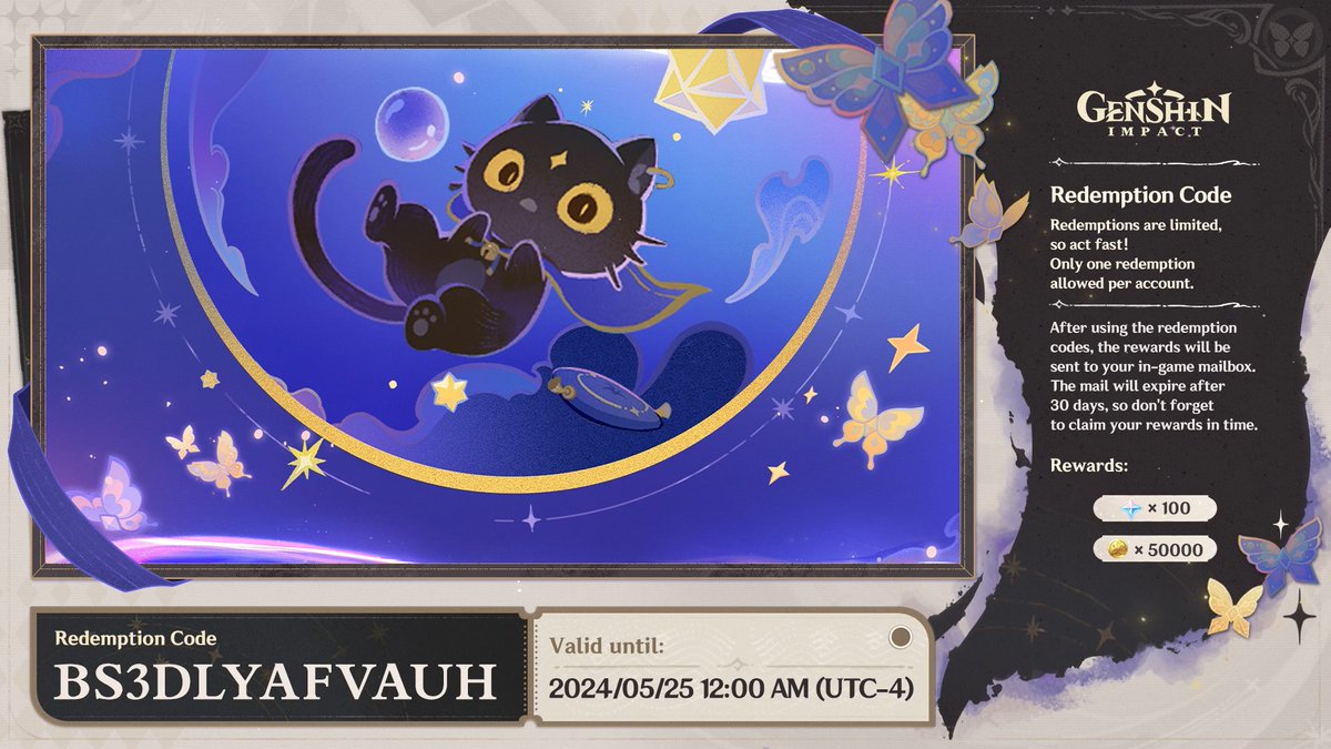 GenshinImpact's tweet photo. Special Program Redemption Codes #GenshinImpact4ꓸ7 #GenshinImpact

Traveler, here are the redemption codes for this Special Program!
Primogems ×100 + Mystic Enhancement Ore ×10 "US2VLGSXCAT9"
Primogems ×100 + Hero's Wit ×5 "6A2ULZTFVBCV"
Primogems ×100 + Mora ×50,000 "BS3DLYAFVAUH"

The redemption codes are valid until May 25, 2024 00:00 (UTC-4), redeem them in-game or click the link below:
https://t.co/De9pbTdQT7
*After using the redemption codes, the rewards will be sent to your in-game mailbox. The mail will expire after 30 days, so don't forget to claim your rewards in time.