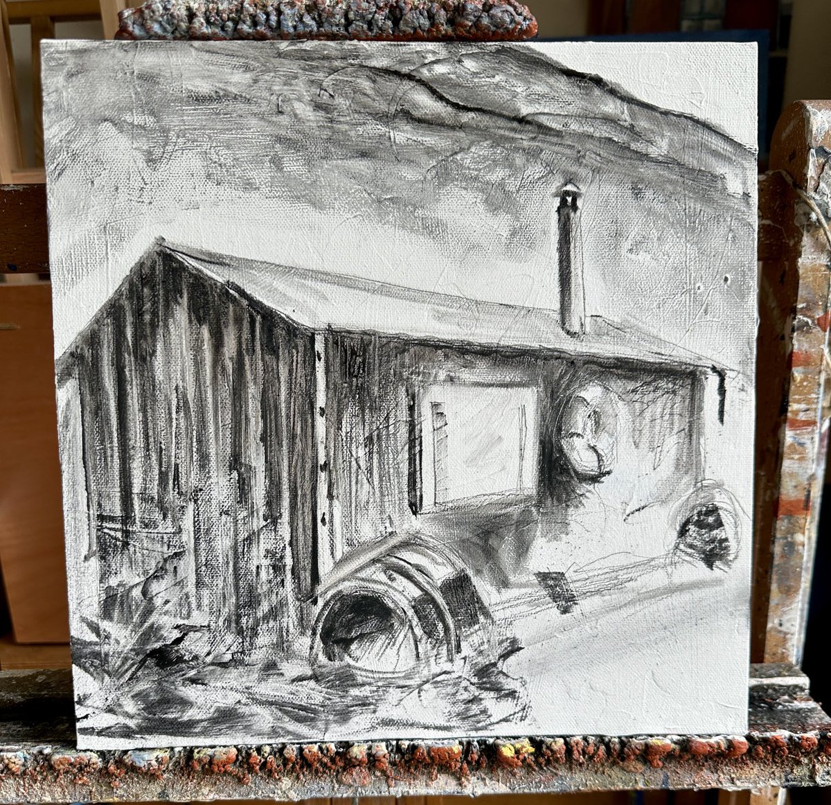On my #easel #WIP #charcoal drawing of #Fisher #hut at #PortMulgrave #YorkshireCoast