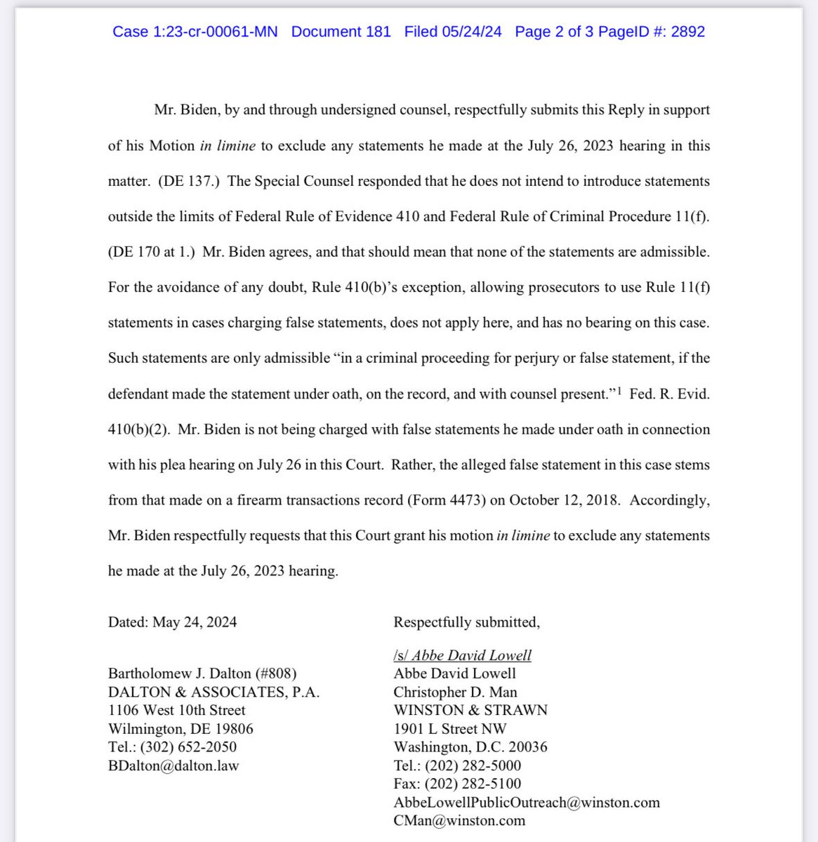 Hunter Biden’s lawyers move to exclude statements he made at his plea hearing because “Mr. Biden is not being charged with false statements he made under oath in connection with his plea hearing on July 26 in this Court.”